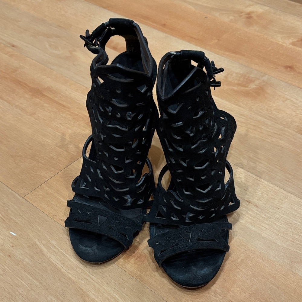 Brian Atwood Black Laser-Cut Cage High Heels